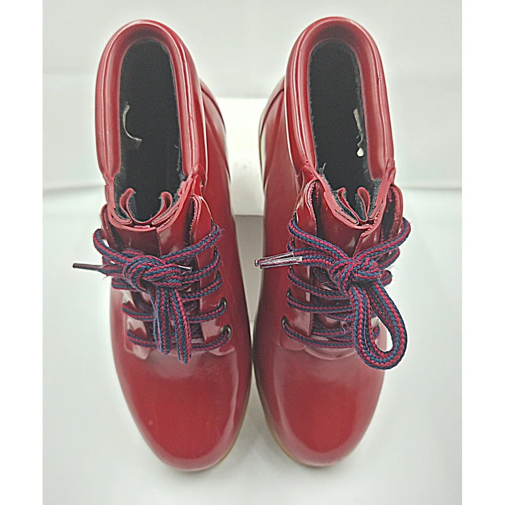 Vintage 90s Lands End Red Rubber Rain Boots Women 6 Lace Up Ankle Gum Sole 39422